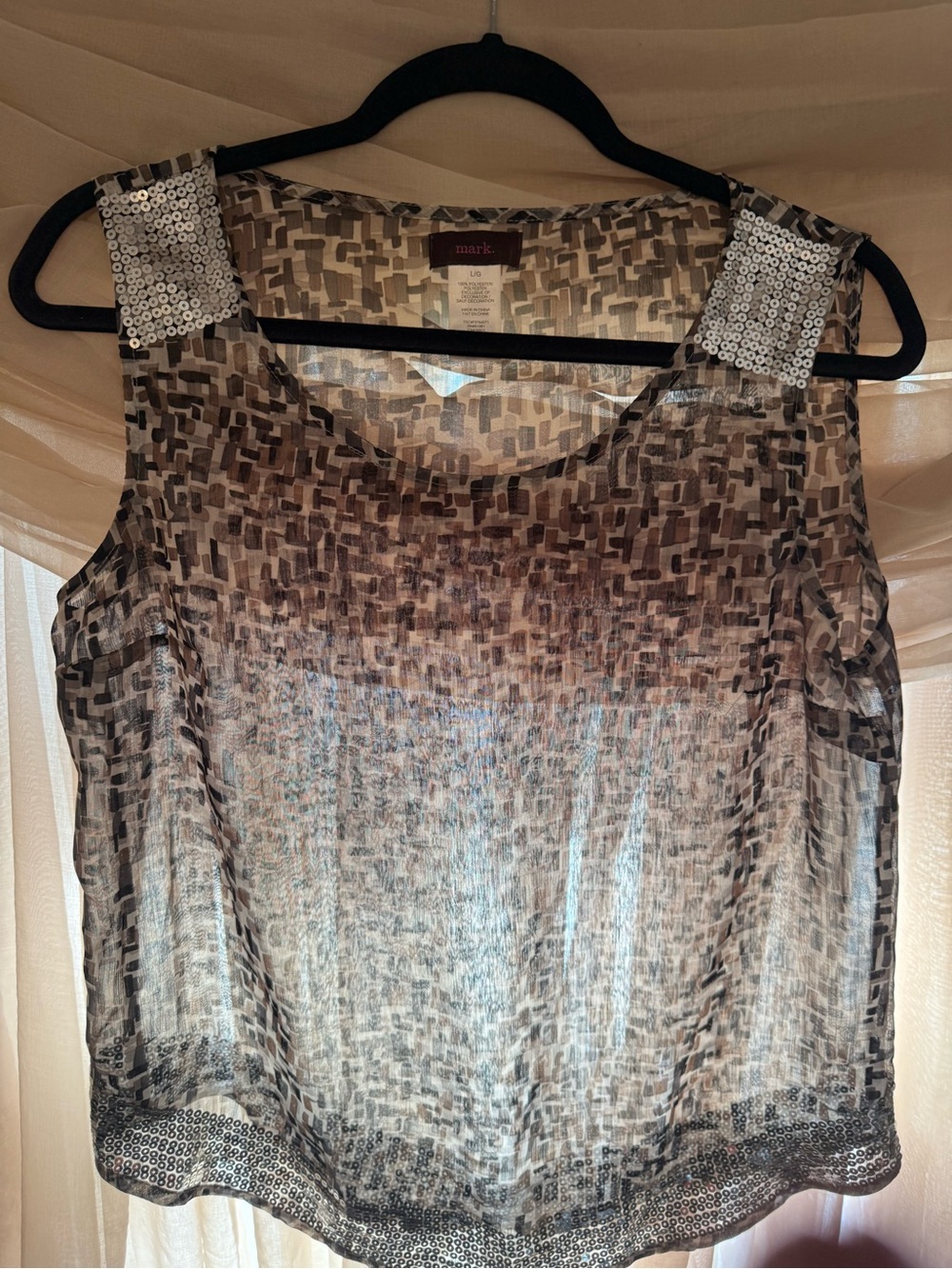 mark. Sheer Sleeveless Sequin-Trim Camisole in Brown and Cream
